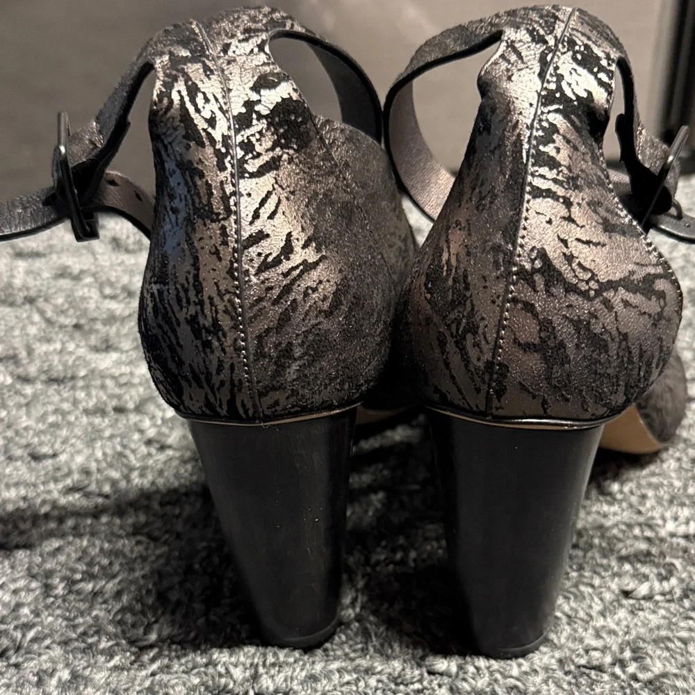 Zero + Maria Cornejo Black and Metallic Taupe Patterned Wedge Sandals